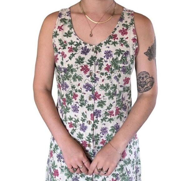 Vintage Woolrich Womens Linen Blend Floral Lagenlook Maxi Hippie Dress Sz M - Picture 2 of 8